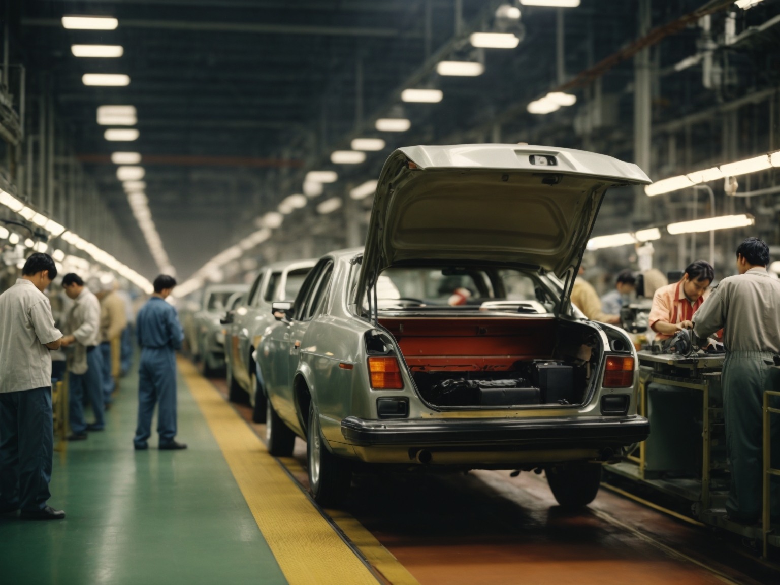 PhotoReal_Humans_are_manufacturing_a_car_in_a_factory_manufac_3 Fiktive Darstellung einer historischen Fertigung von Autos